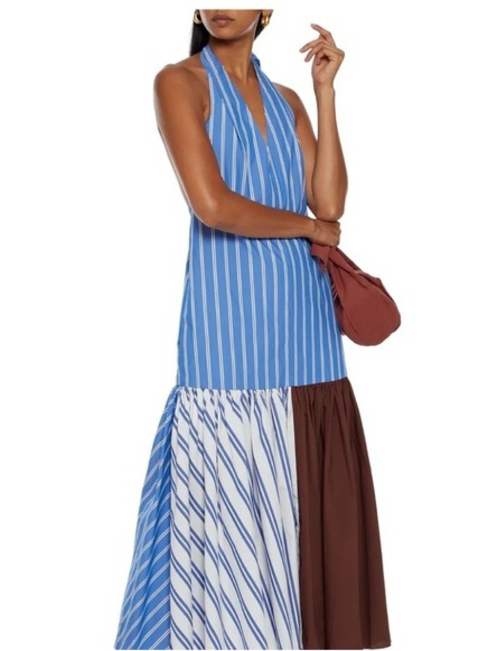 Tibi Blue & Brown Striped Halter Maxi Dress